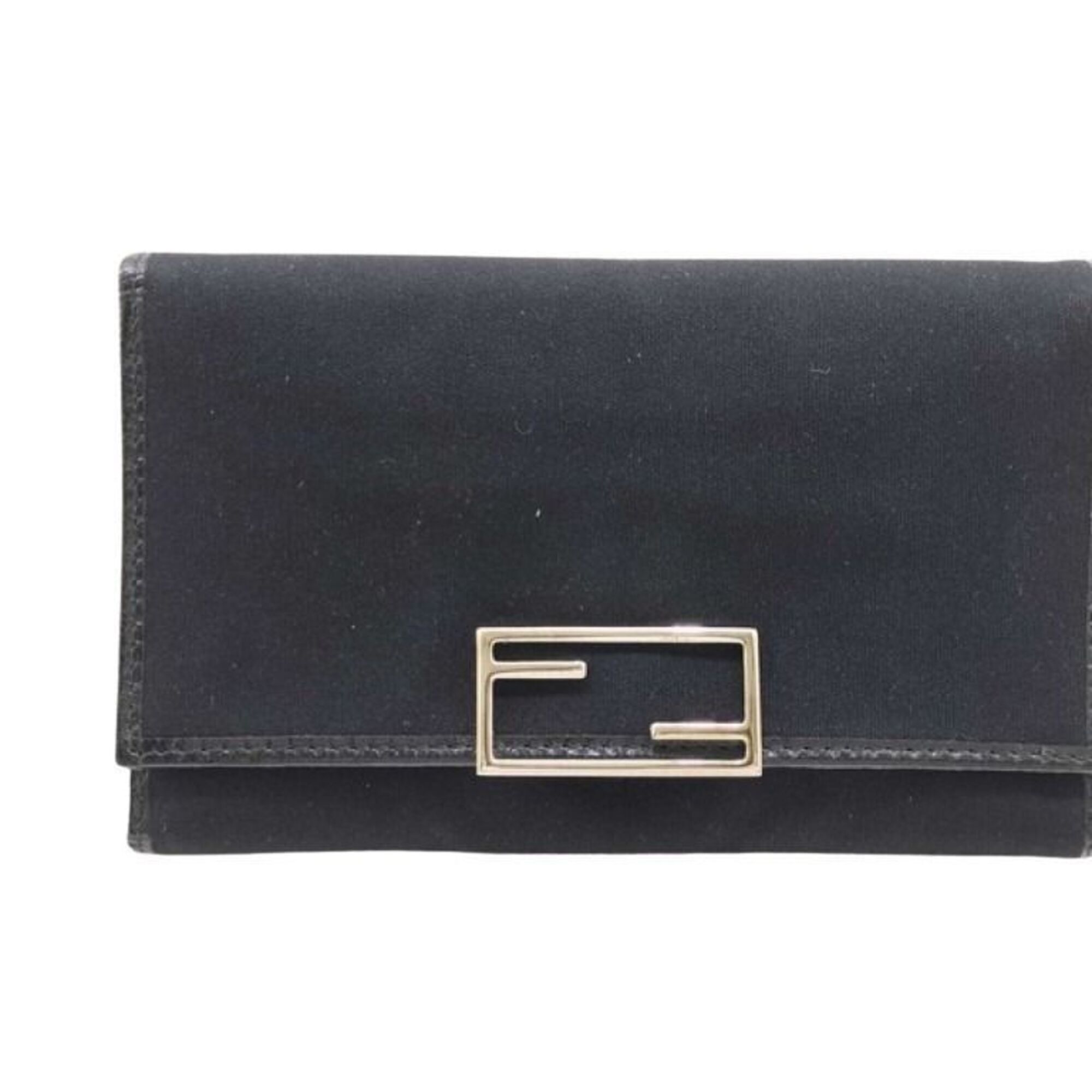 Fendi Long Wallet 07-15829/0-012 Black Canvas Leather Women's Tri-Fold